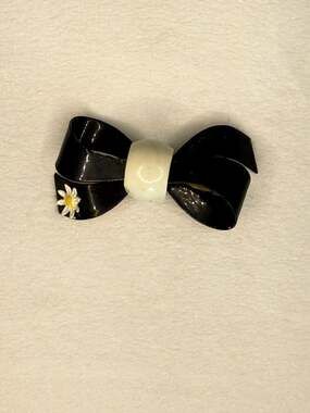 Vintage Black Enamel Bow Brooch with White Daisy Flower, 2.5"